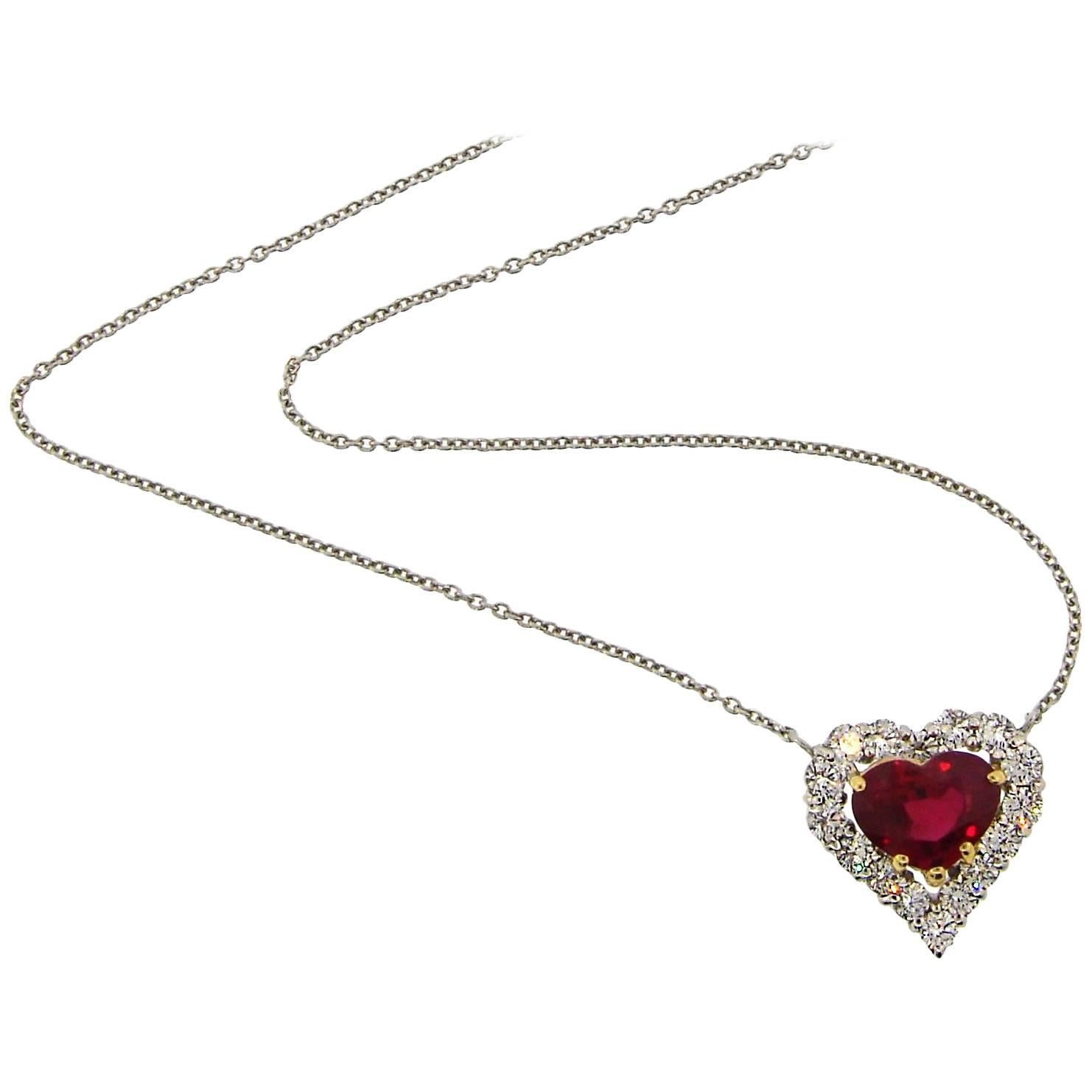 Graff Heart-Shape Ruby Diamond Platinum Pendant Necklace