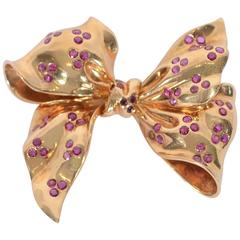 Retro Burma Ruby Gold Bow Brooch 3