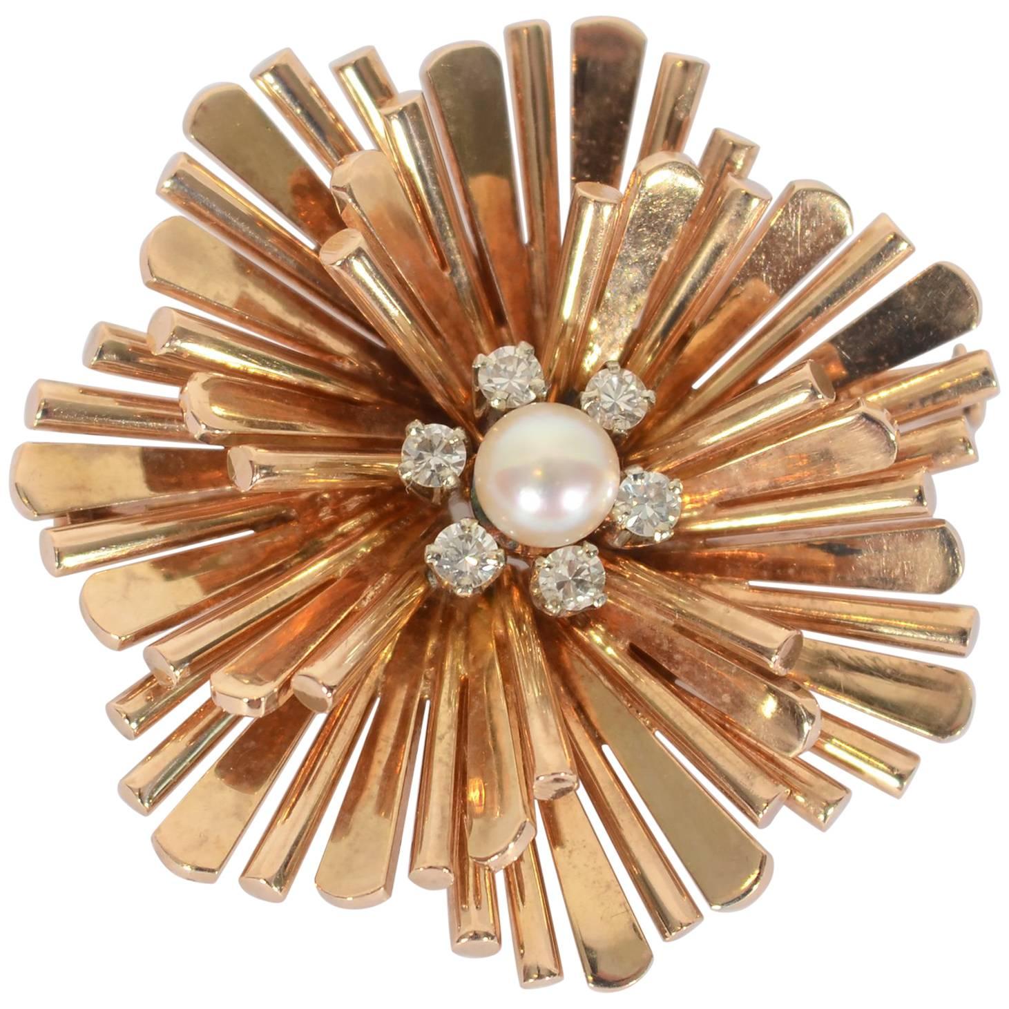 Retro Pearl Diamond Gold Fanned Spokes Brooch 