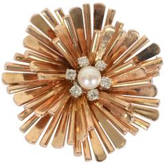 Vintage Pearl Diamond Gold Fanned Spokes Brooch 