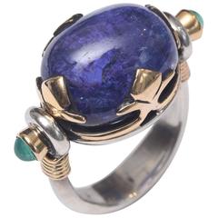 Cabochon Sapphire Emeralds Sterling Silver Yellow Gold Ring