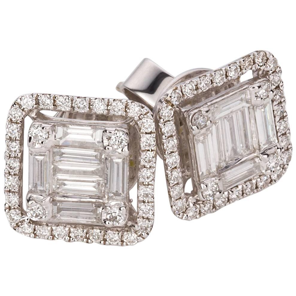 Baguette Cut Diamond Cluster Stud Earrings