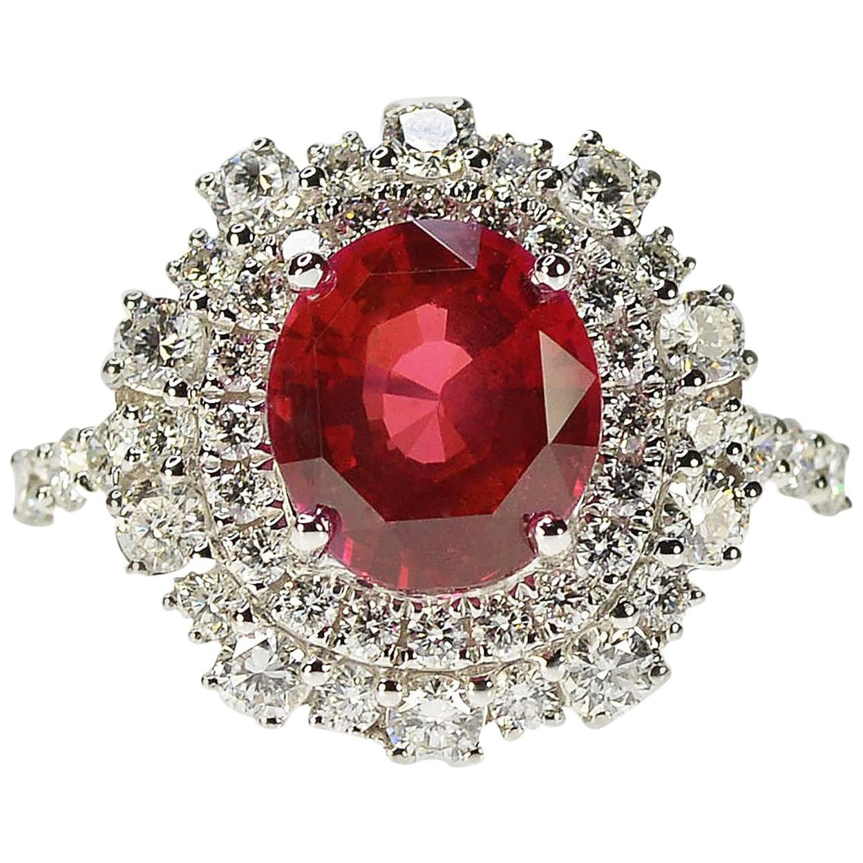 3.55 Carat AGL Certified No Heat Ruby Diamond Gold Ring For Sale