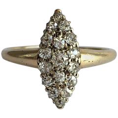 Old Cut Diamond Navette Ring Cluster Marquise Edwardian Vintage 18 Carat Gold