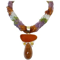 Michael Kneebone Drusy Rutilated Quartz Citrine Diamond Pendant Torsade Necklace