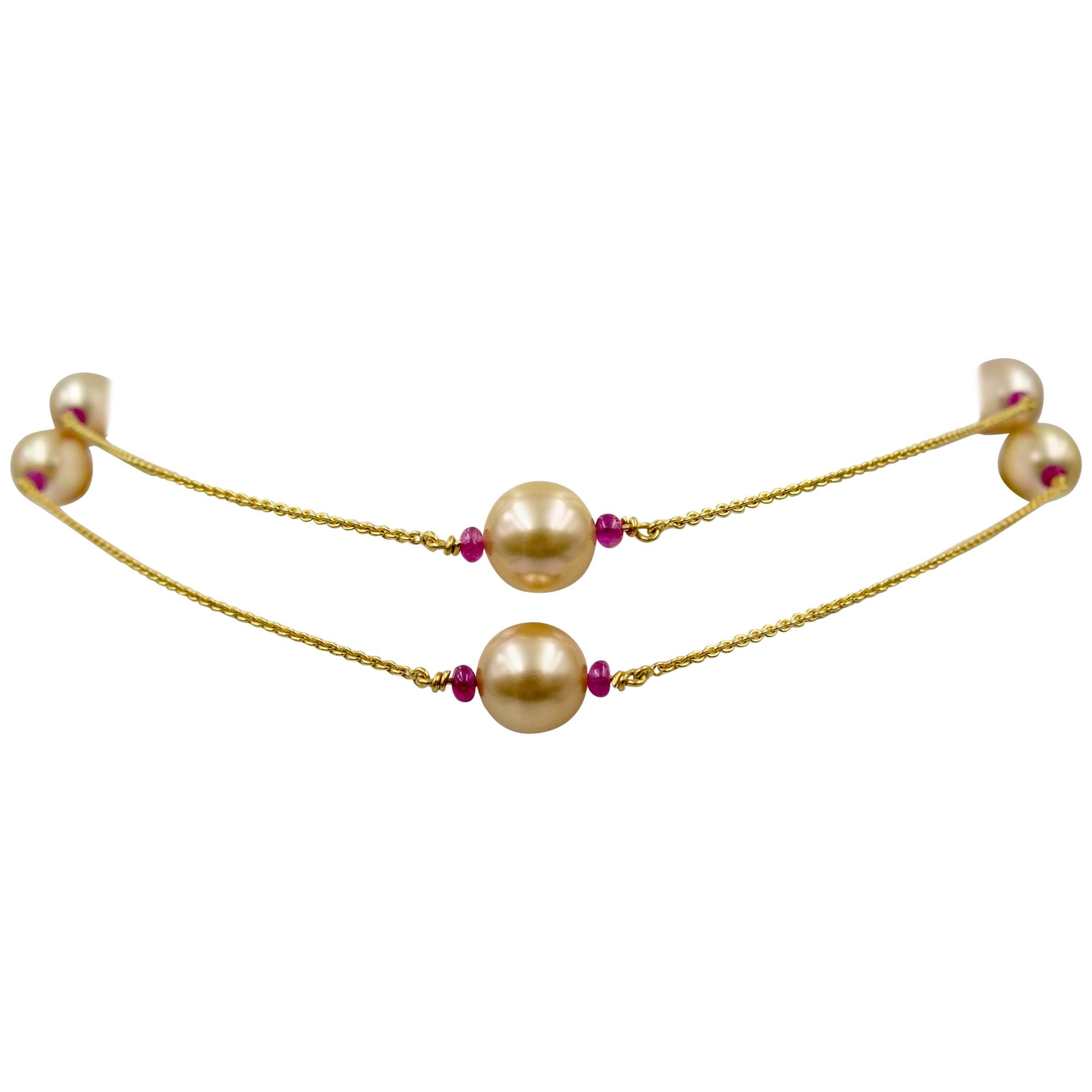 Sensuous Golden Pearl Ruby Yellow Gold Long Chain