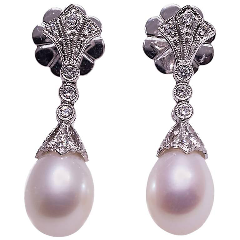 Cultured Pearl Diamond Gold Dangle Earrings For Sale