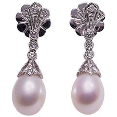 Cultured Pearl Diamond Gold Dangle Earrings