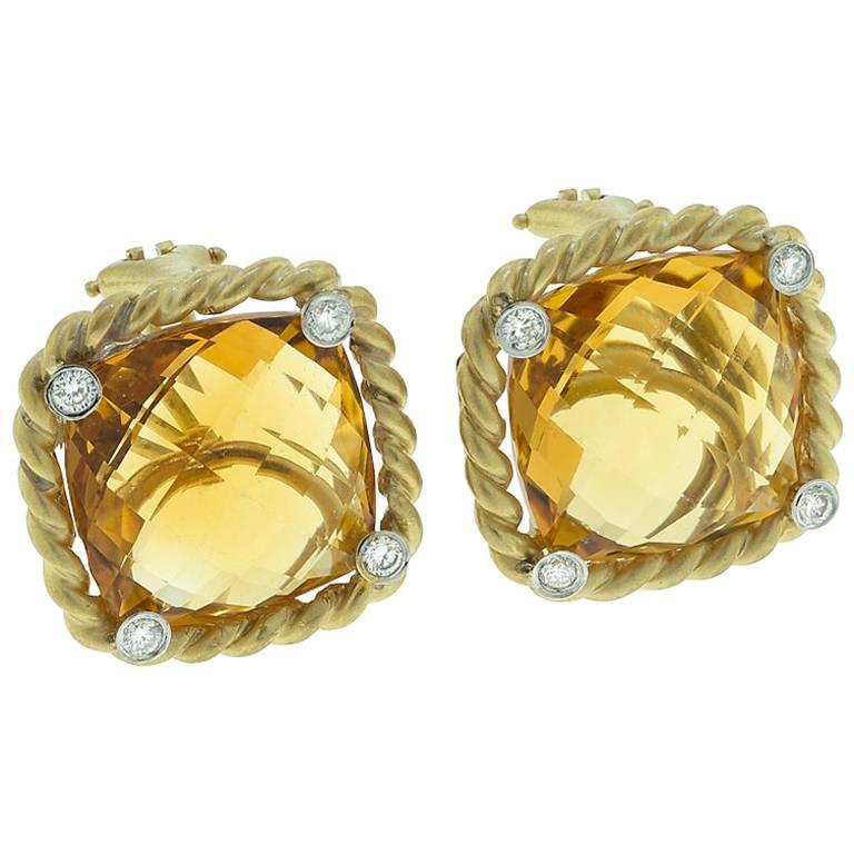 Citrine Diamond Yellow Gold Earrings For Sale