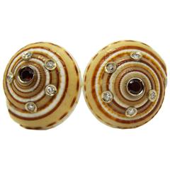 Red Spessartite White Diamond Gold Architectonica Jutea Seashell Earrings 4