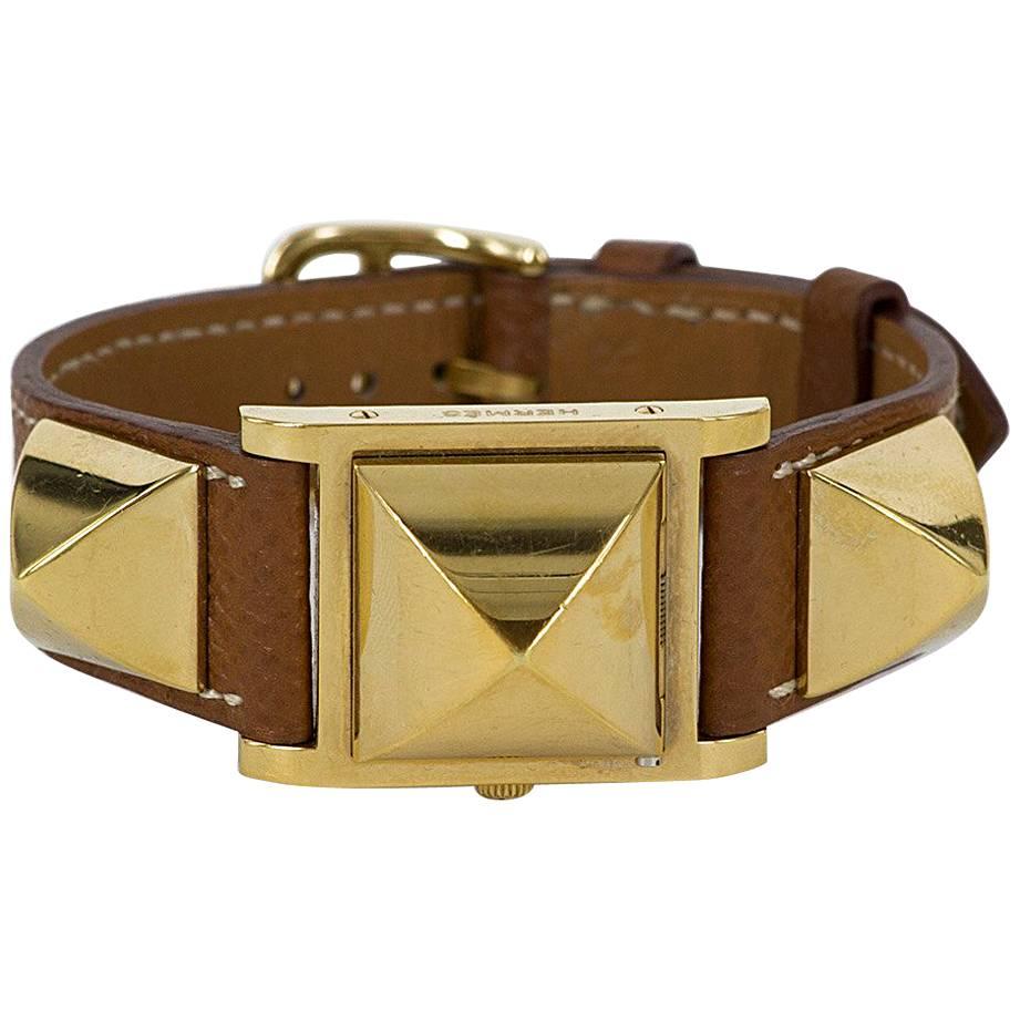 Hermes Gold-Plated Médor Brown Leather Quartz Wristwatch, circa 1995