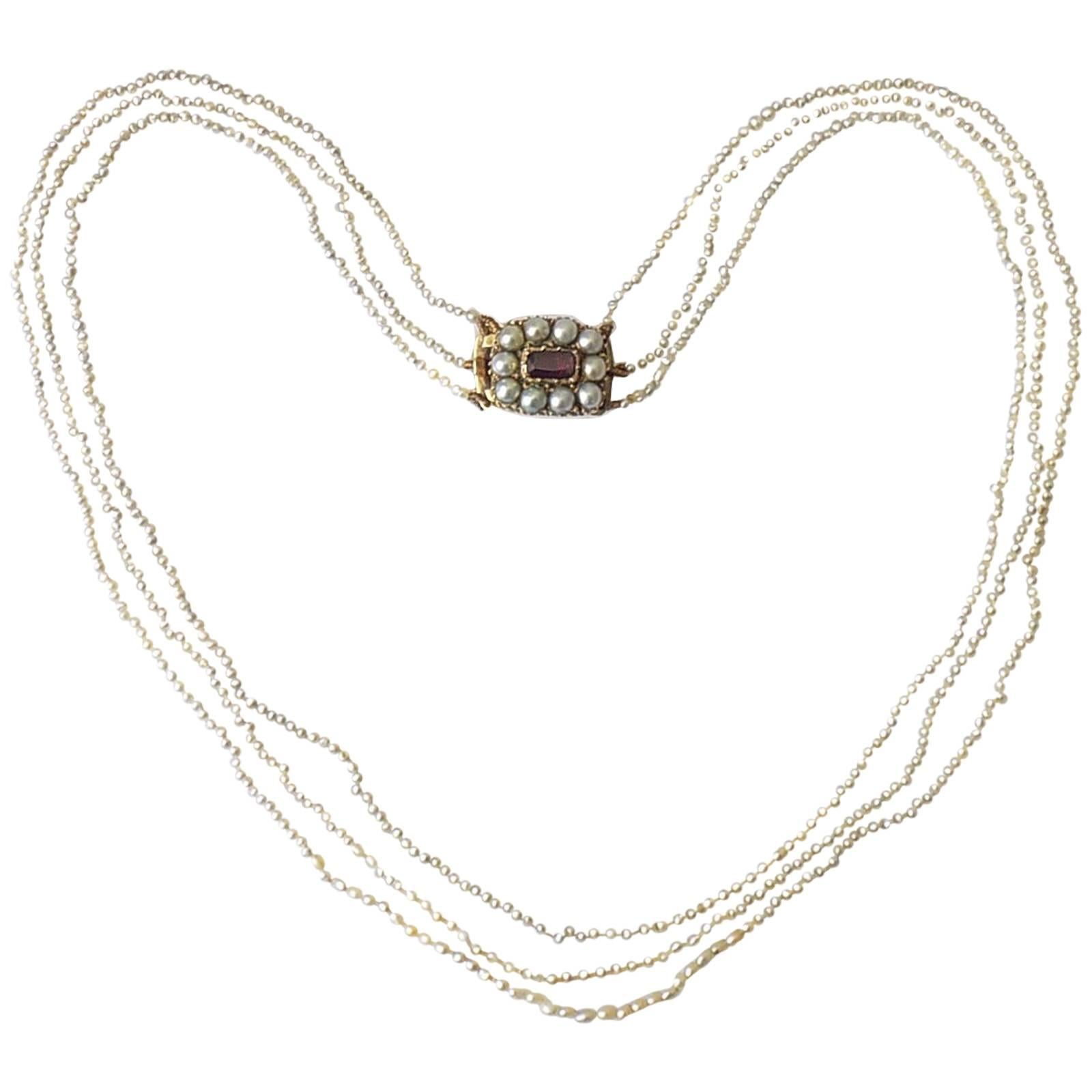Georgian Gold Three Row Seed Pearl Choker Necklace