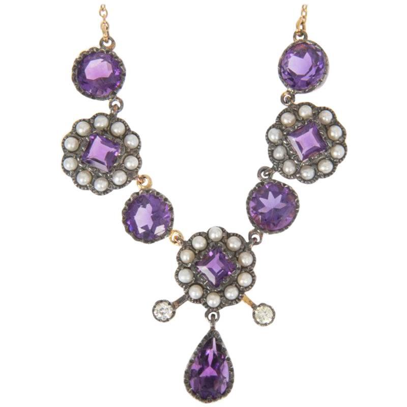 Amethyst, Seed Pearl and Diamond Necklace