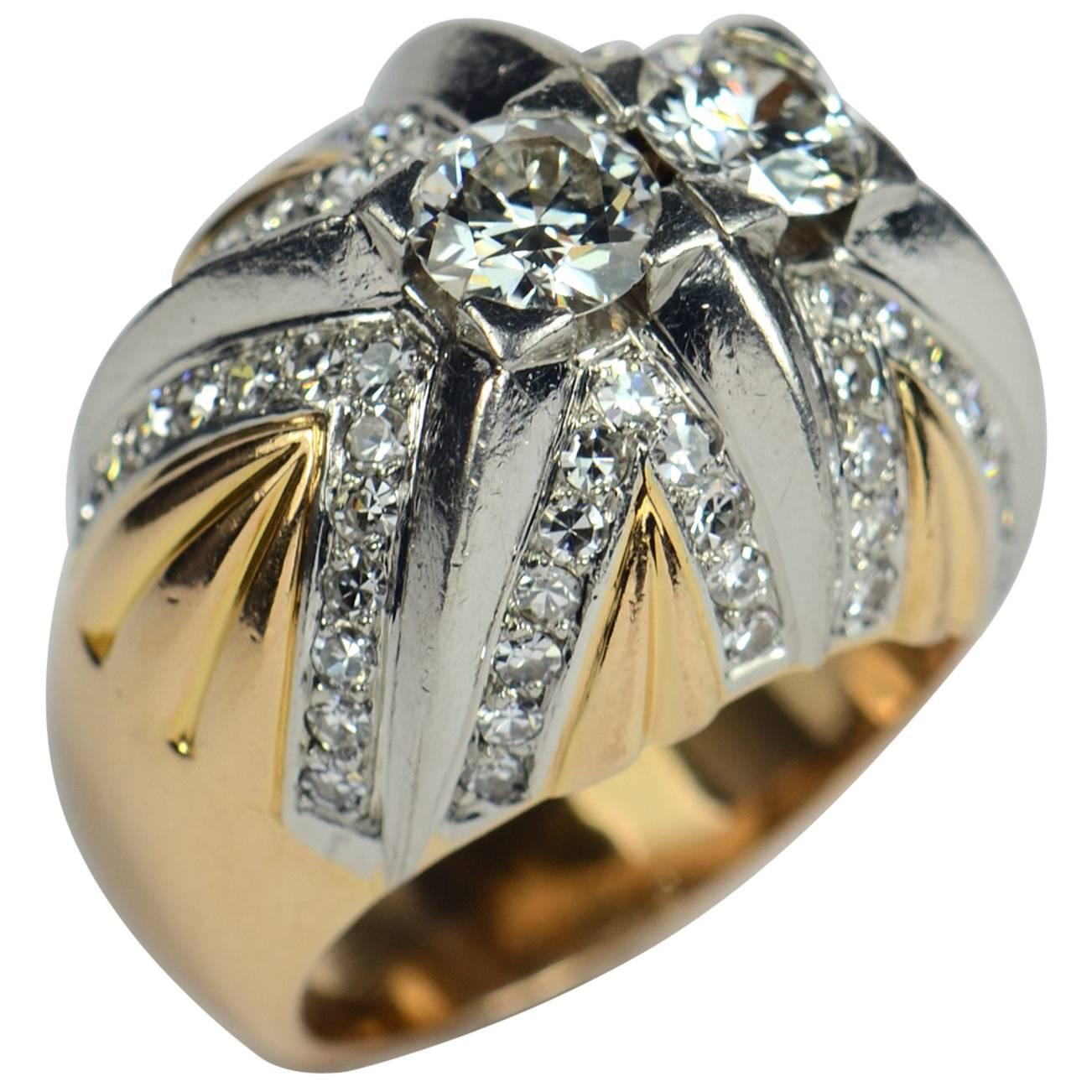 French Retro Diamond Gold Platinum Bombe Ring For Sale