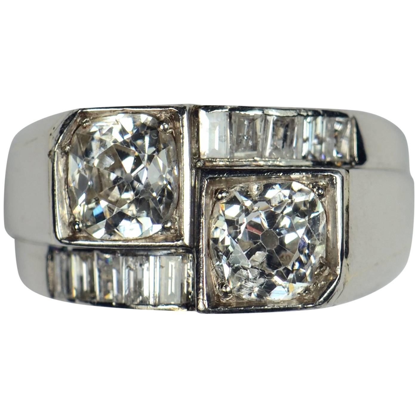 French Art Deco Modernist Diamond Platinum Crossover Ring