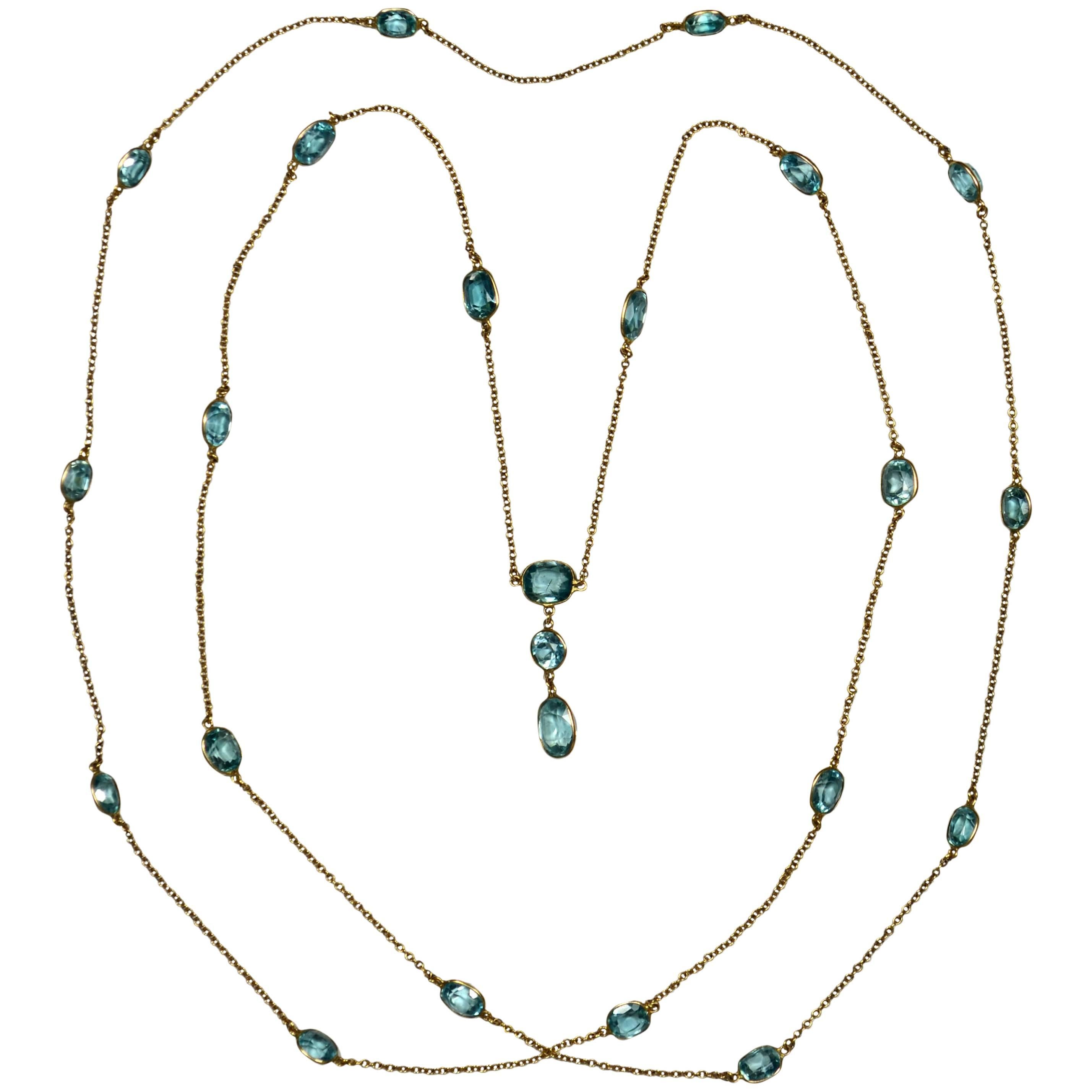 Blue Zircon Gold Long Chain Necklace, circa 1920