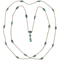 Blue Zircon Gold Long Chain Necklace, circa 1920