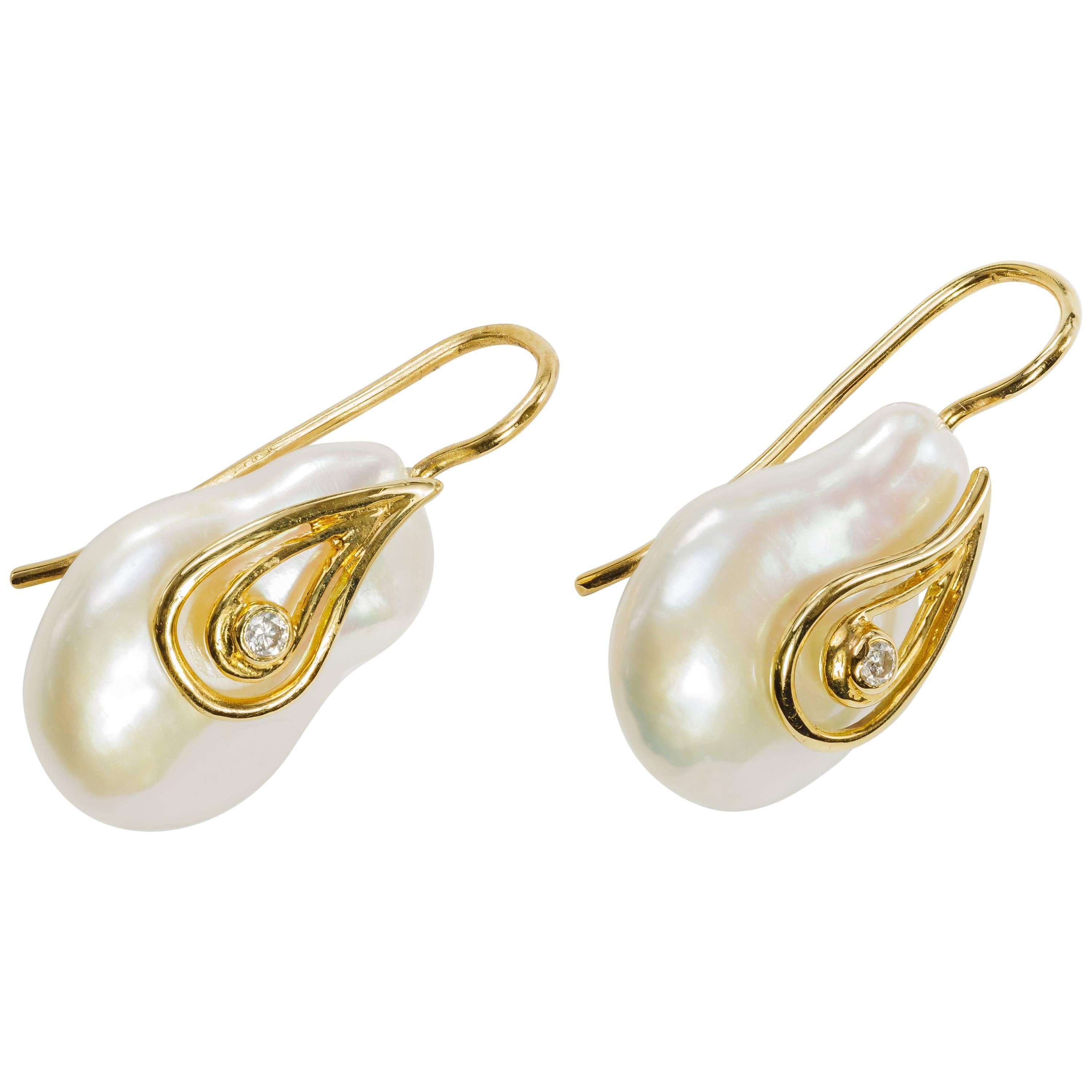Yvel Freshwater Baroque Pearl, Diamond and 18 Karat Yellow Gold Drop Earrings