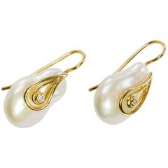Yvel Freshwater Baroque Pearl, Diamond and 18 Karat Yellow Gold Drop Earrings