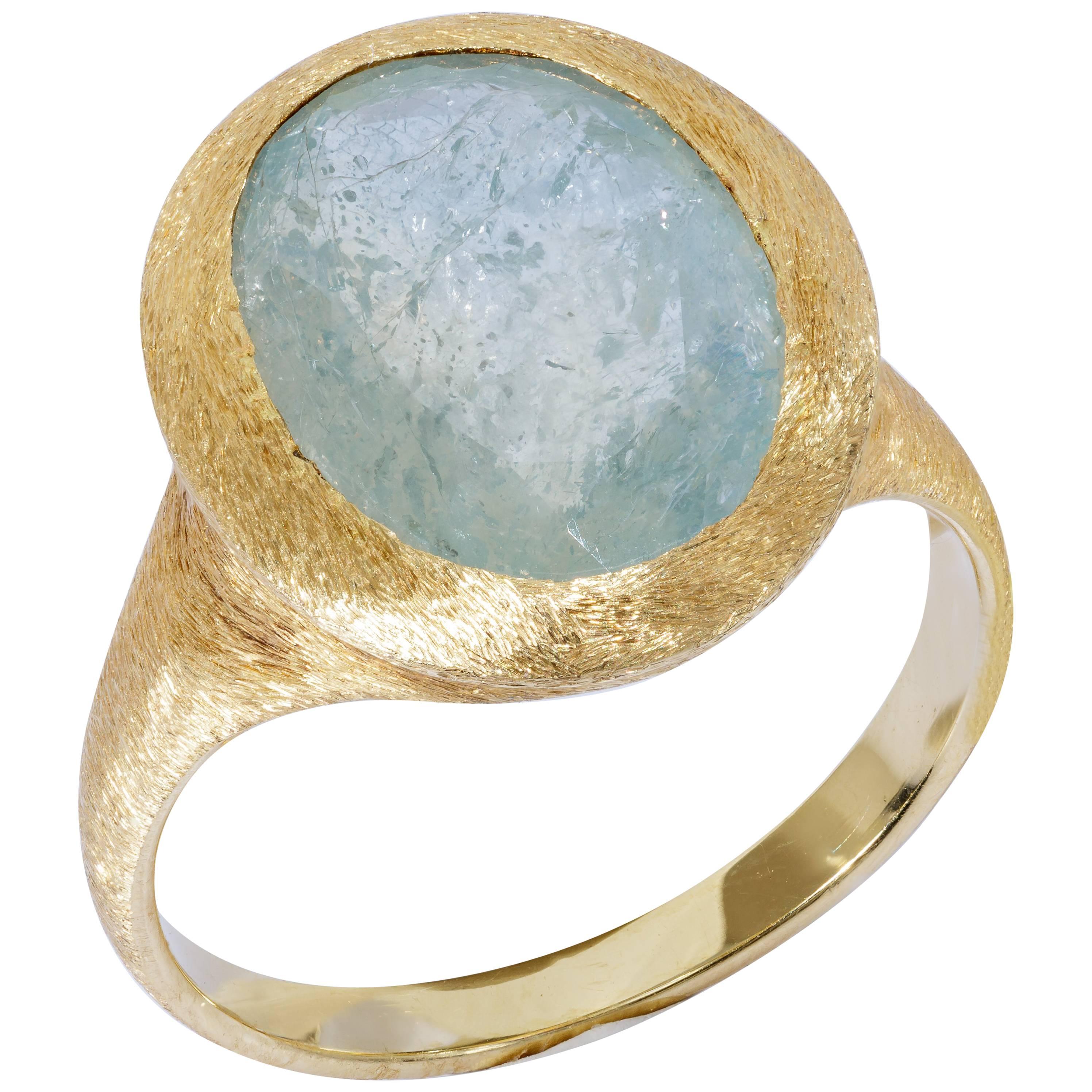 Yvel Blue-Green Sapphire Satin 18 Karat Yellow Gold Ring
