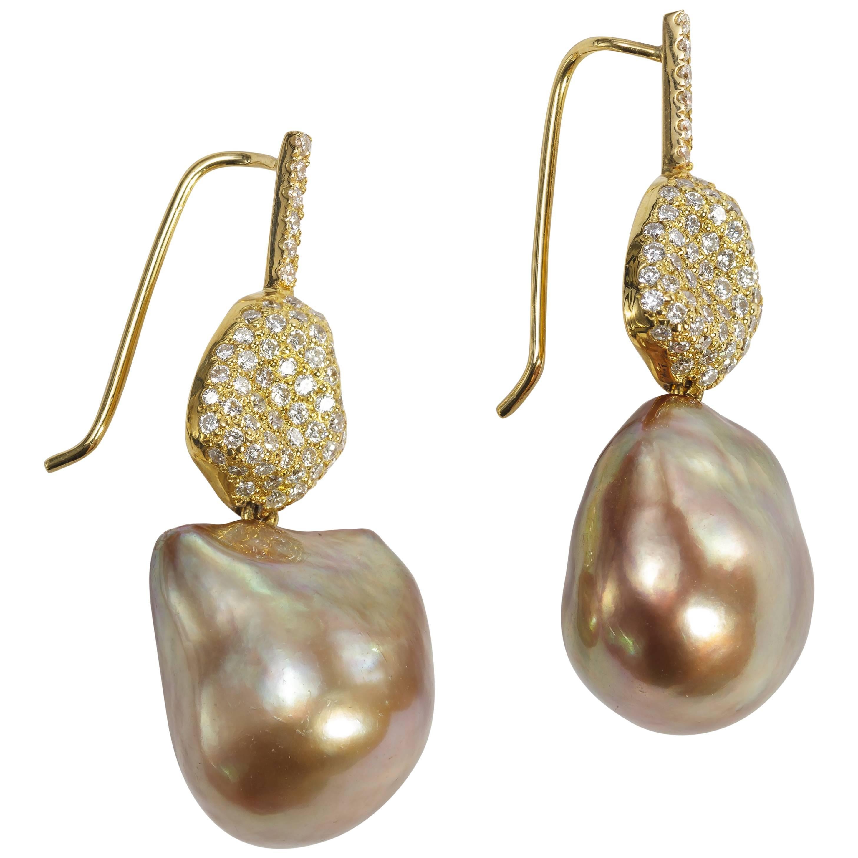 Yvel Baroque Brown Pearl Diamond and 18 Karat Yellow Gold Drop Earrings For Sale