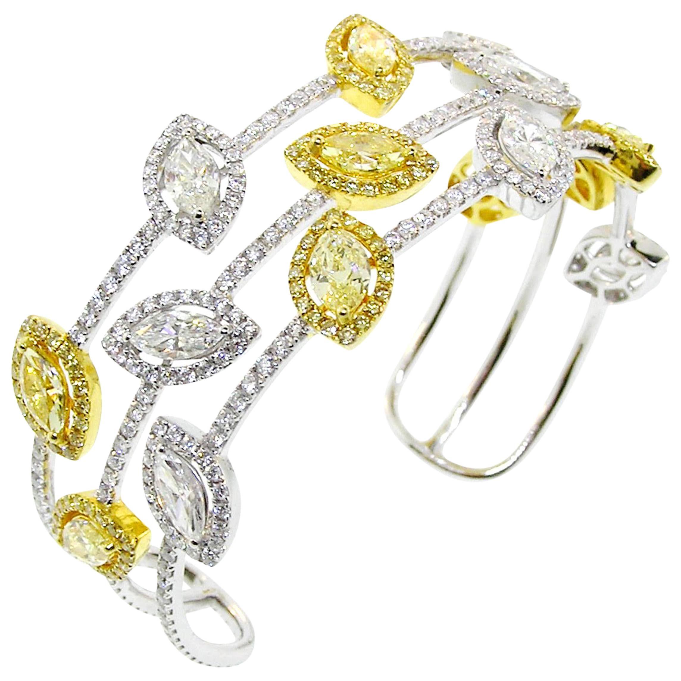 Canary and White Diamond Gold Cuff Bracelet For Sale