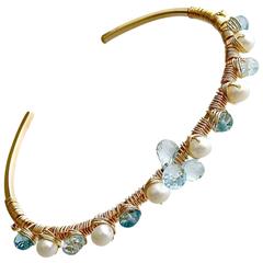 Blue Topaz Pearls Hand Wrapped Cuff Bracelet