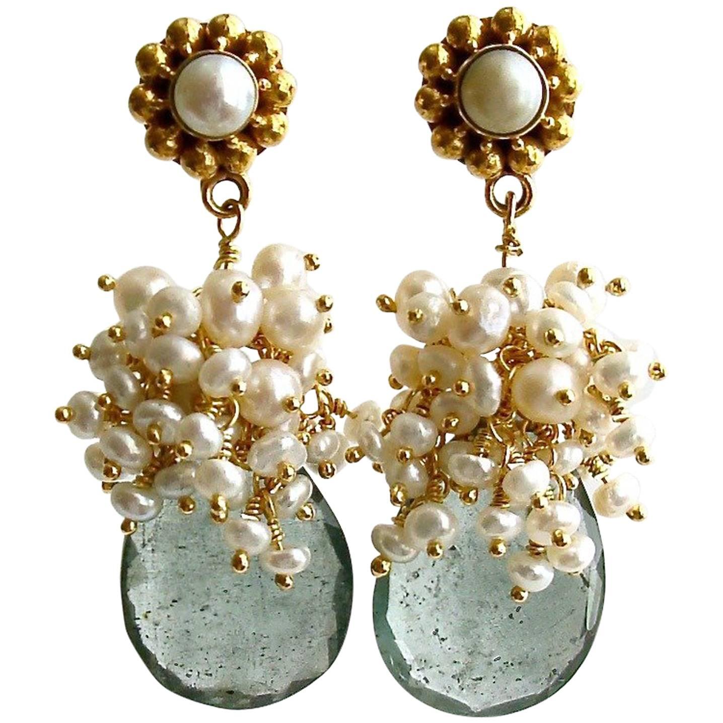 Moss Aquamarine Pearl Clusters Earrings