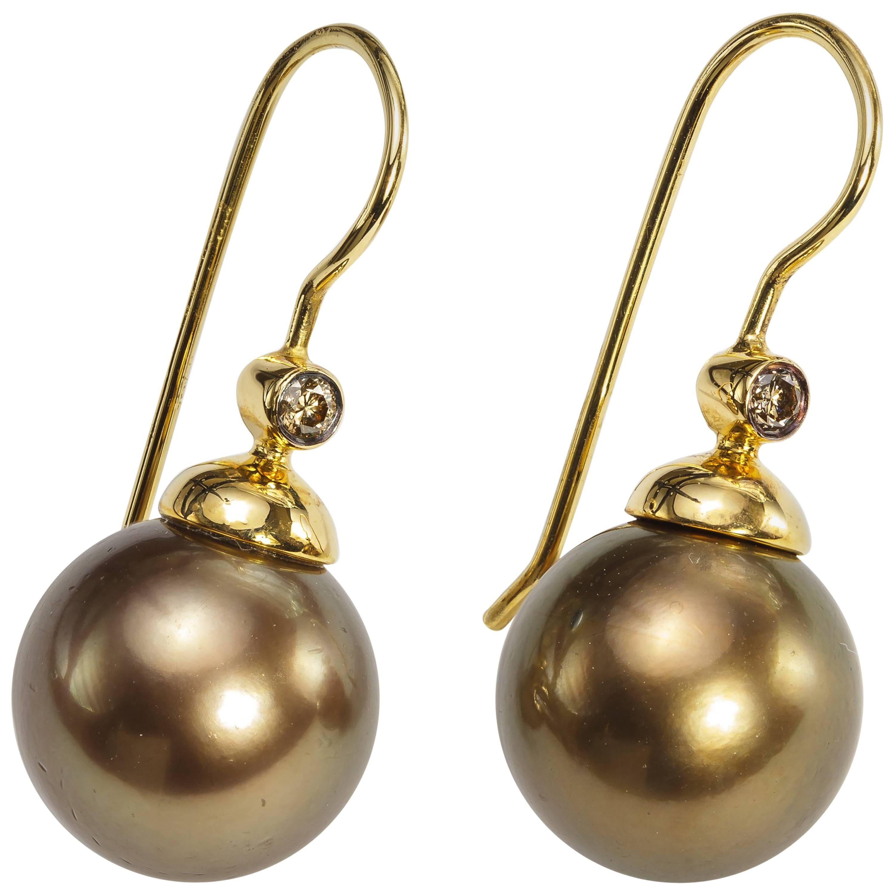 Yvel Brown South Sea Pearl Drop Earrings 18k Yellow Gold Cognac Diamonds