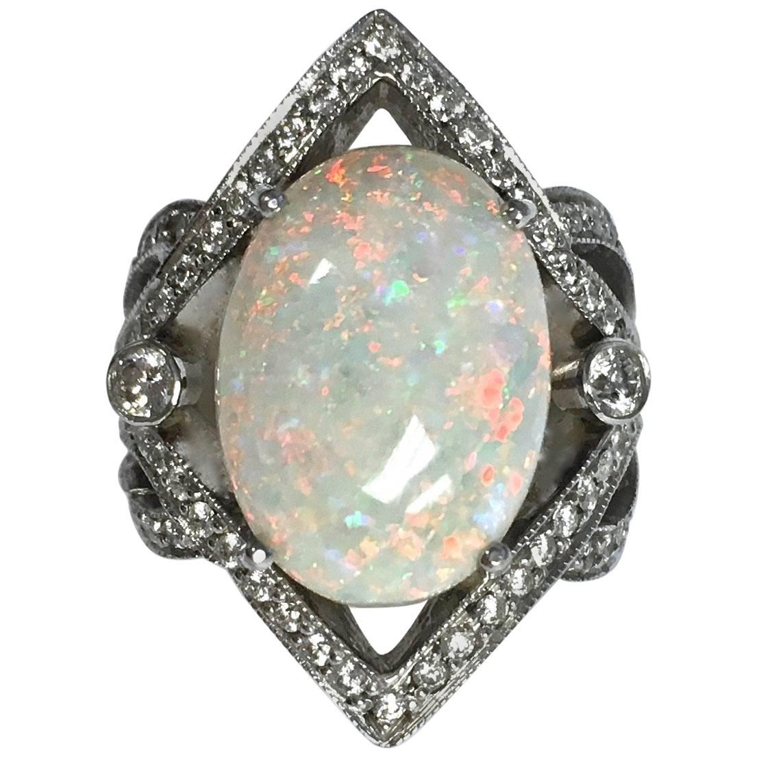 Large Opal Diamond White Gold Cocktail Ring
