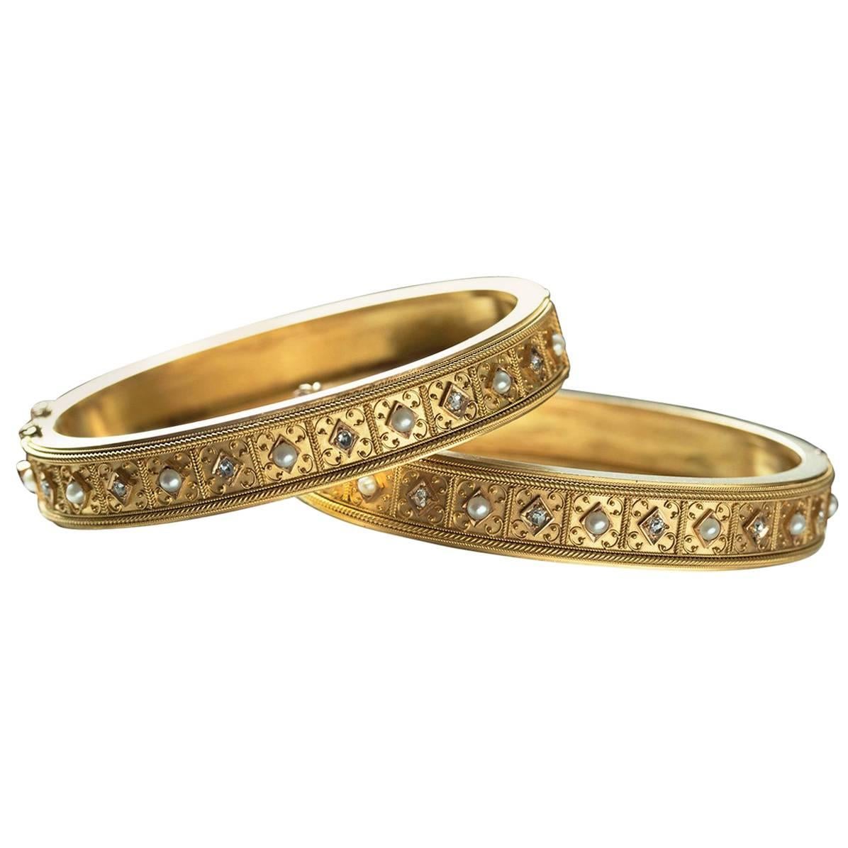 Victorian Matched Set of Pearl Diamond Gold Bangle Bracelets For Sale