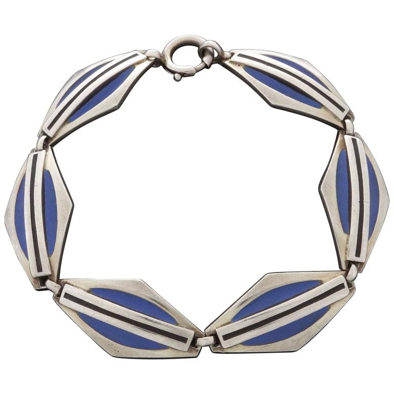1920s Theodor Fahrner Art Deco Matte Enamel Silver Bracelet For Sale at