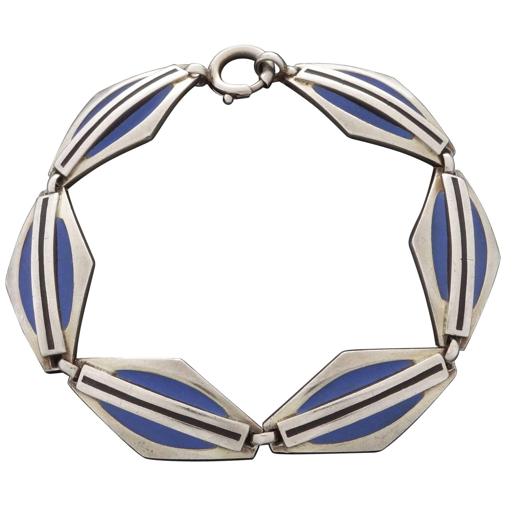 1920s Theodor Fahrner Art Deco Matte Enamel Silver Bracelet For Sale