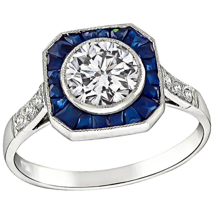 GIA Certified 0.93 Carat Diamond Sapphire Platinum Halo Ring