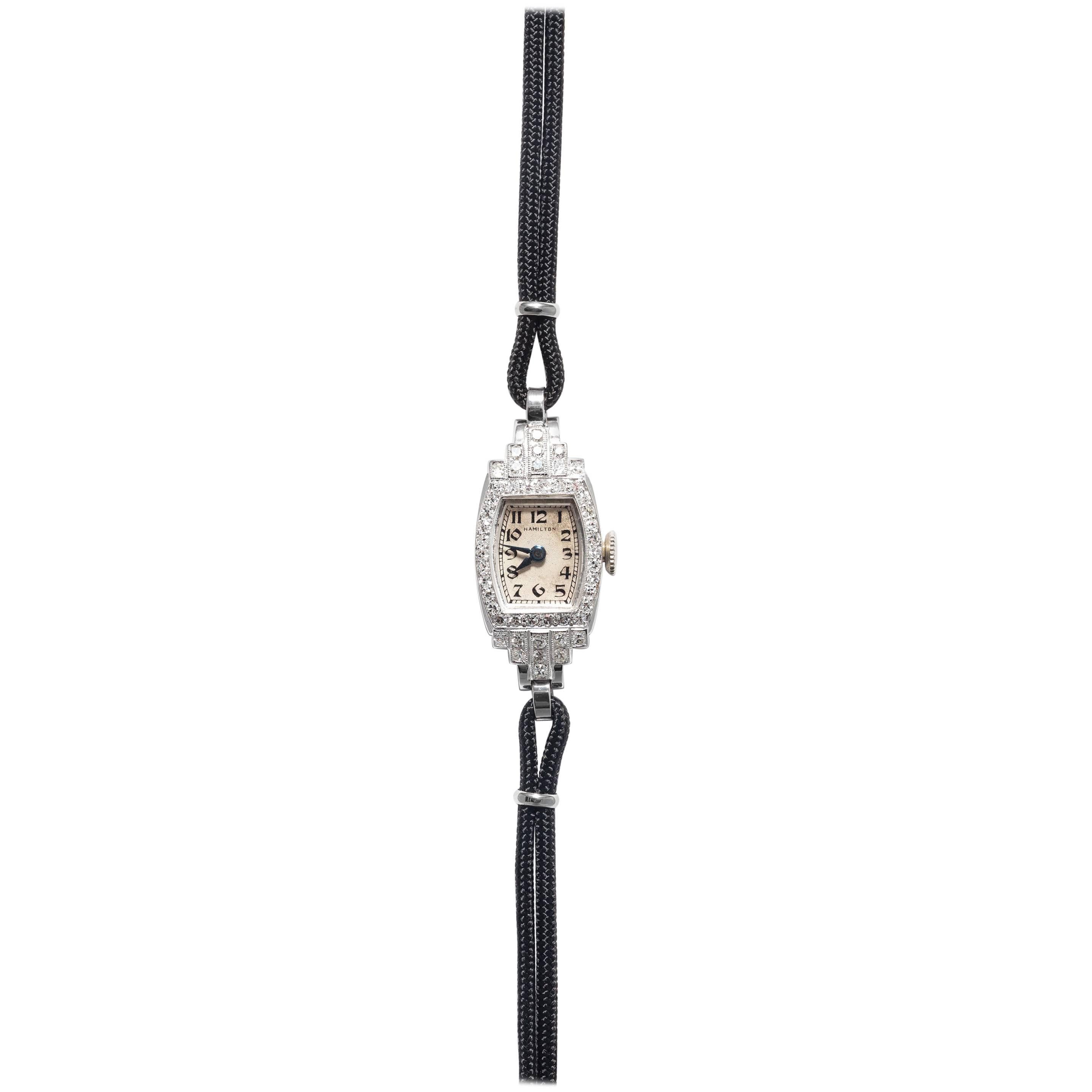 Hamilton Ladies Platinum Diamond Art Deco Wristwatch For Sale