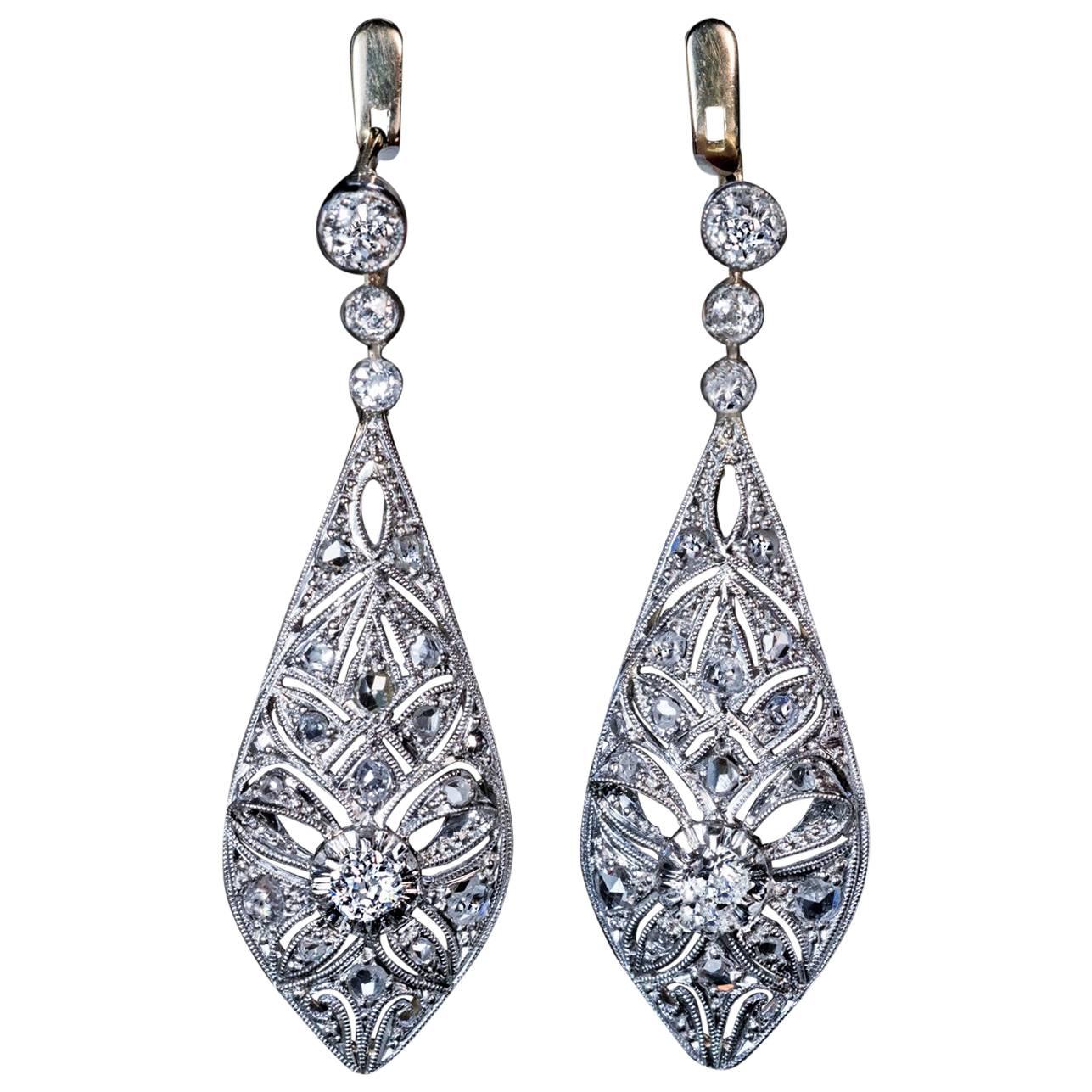 Antique Edwardian Bow Motif Diamond Platinum Gold Drop Earrings