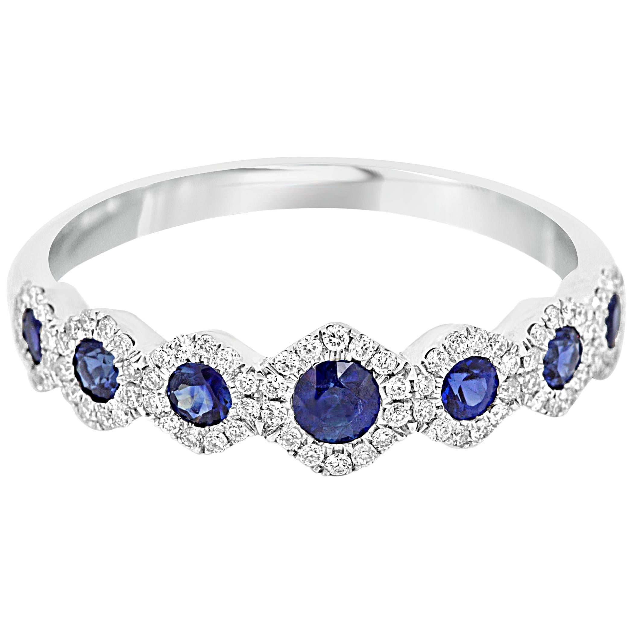 Blue Sapphire Round Diamond Halo Gold 7 Stone Stackable Fashion Band Ring