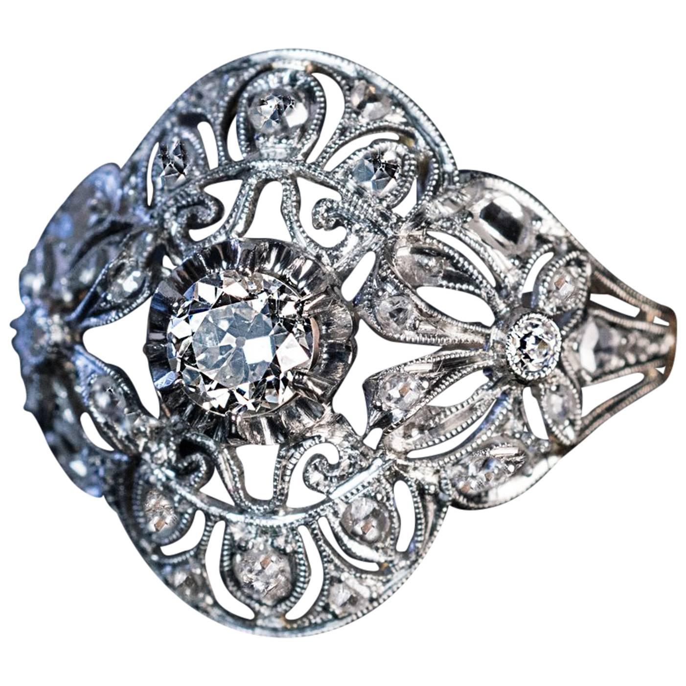 Antique Edwardian Bow Motif Diamond Platinum Gold Engagement Ring