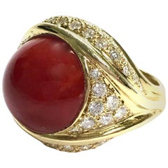 Large Coral Diamond Yellow Gold Cocktail Ring