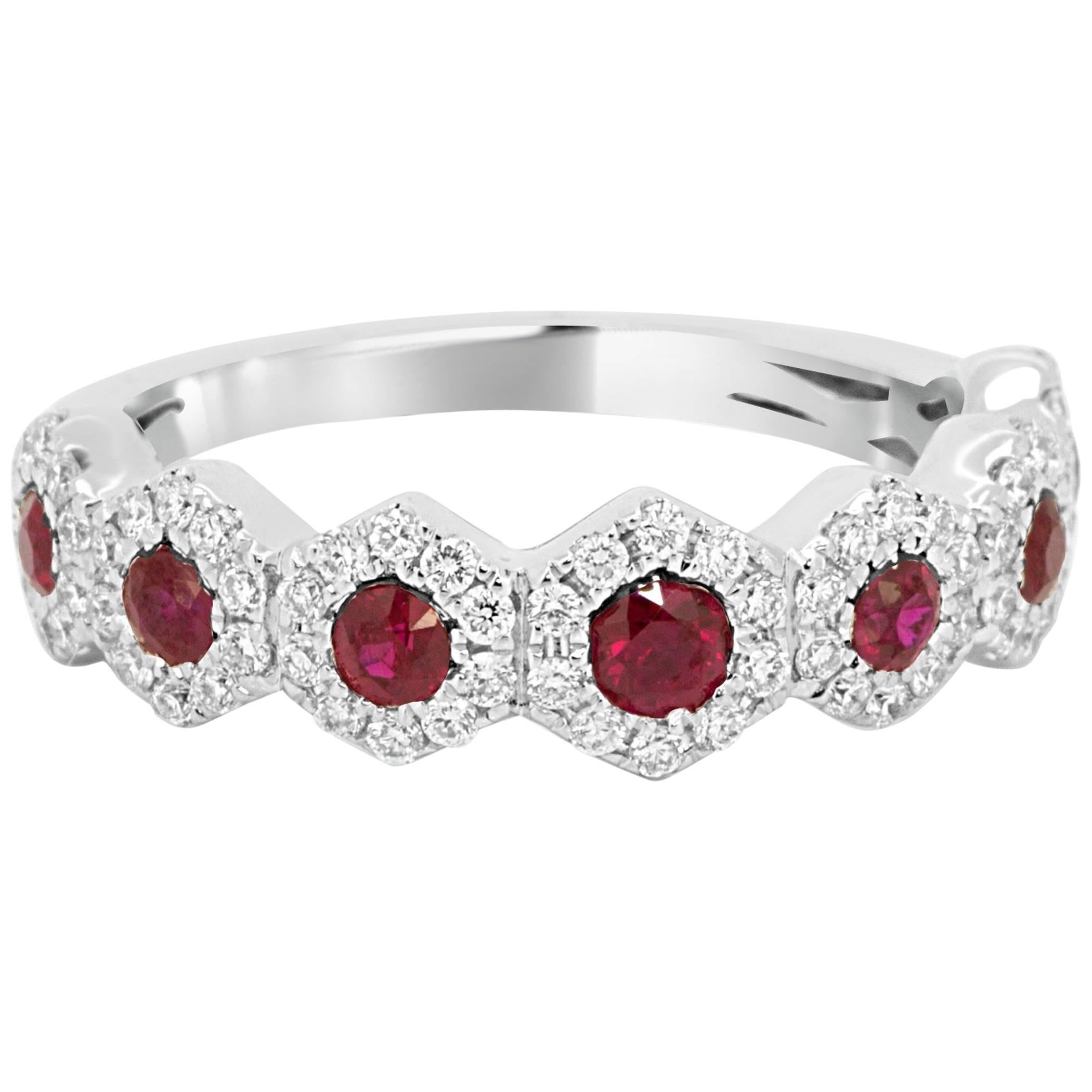 Ruby Round Diamond Halo Gold Stackable Fashion Band Ring