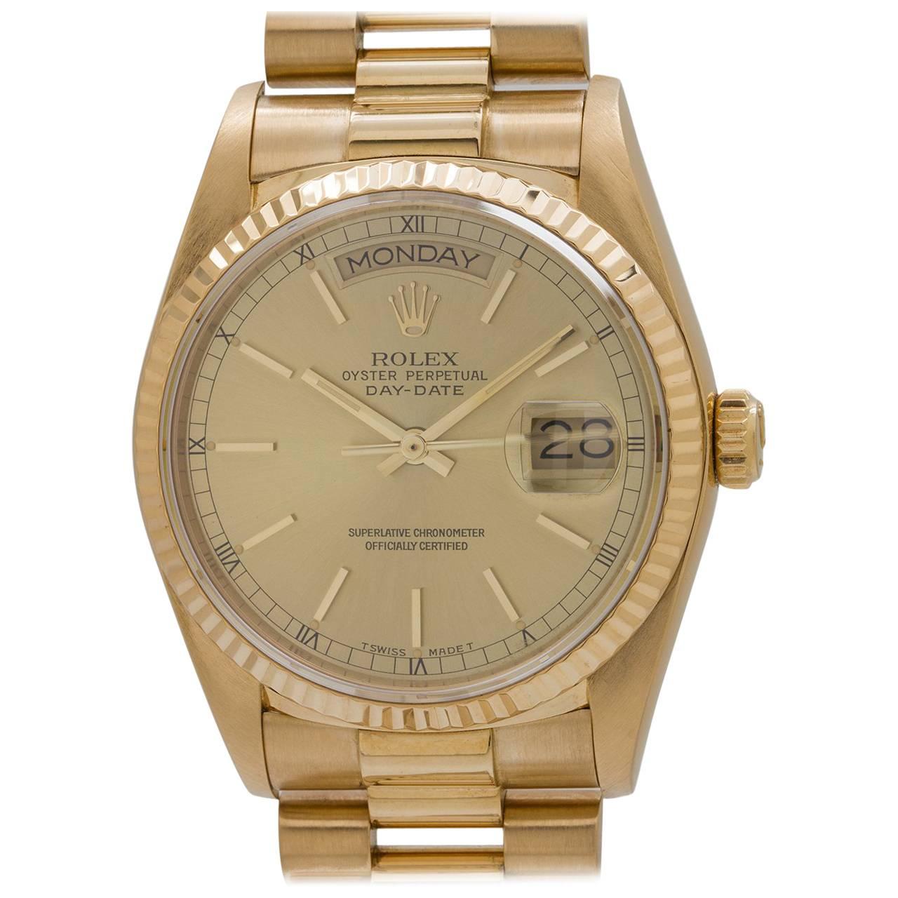 Rolex Yellow Gold Day Date self winding Wristwatch Ref 18038, circa 1986
