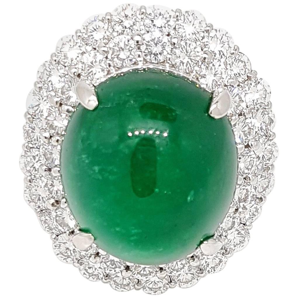 24 Carat Emerald Cabochon Ring with 4.50 Carat of Diamonds in Platinum For Sale