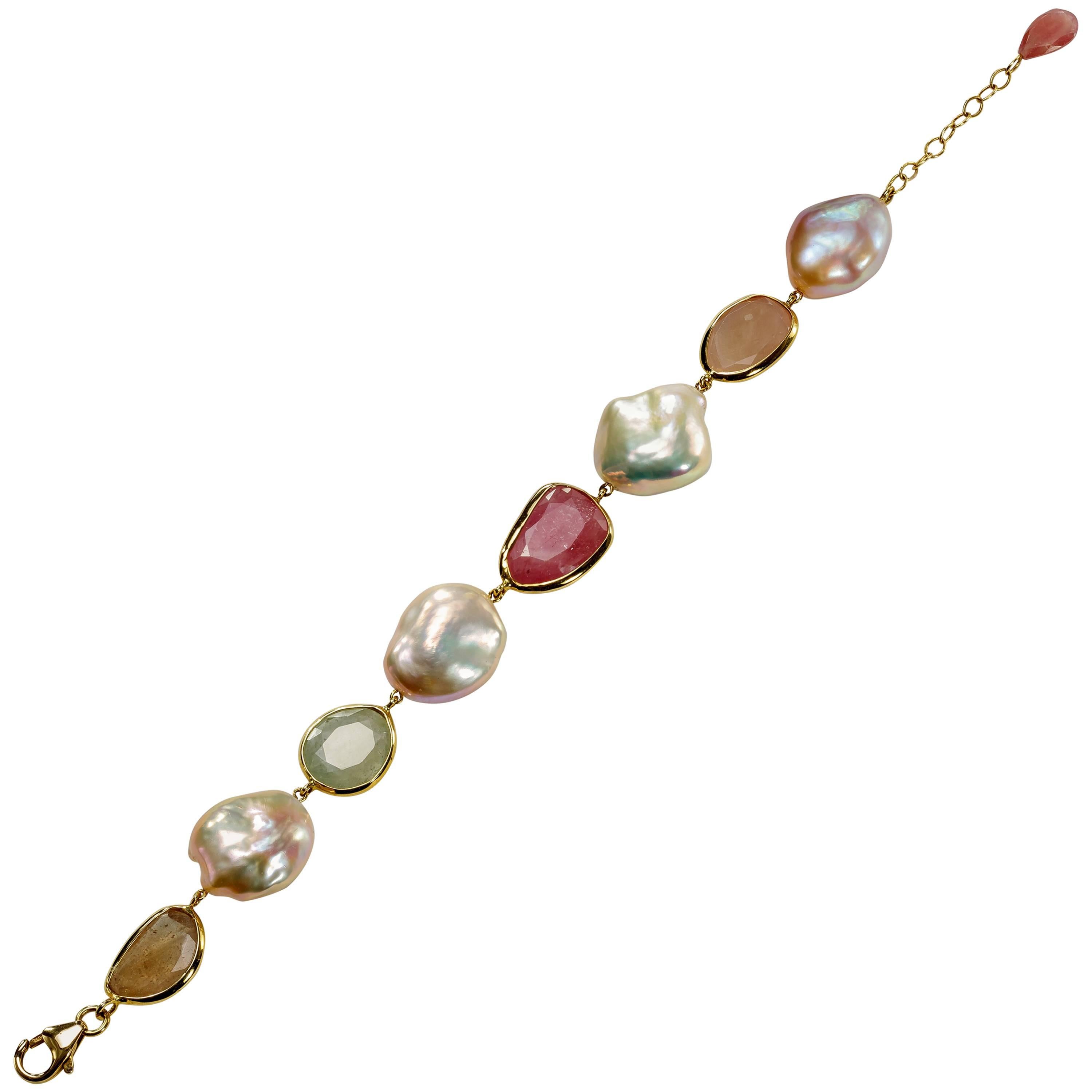 Yvel Keshi Pearl and Colored Sapphire 18 Karat Yellow Gold Bracelet For Sale