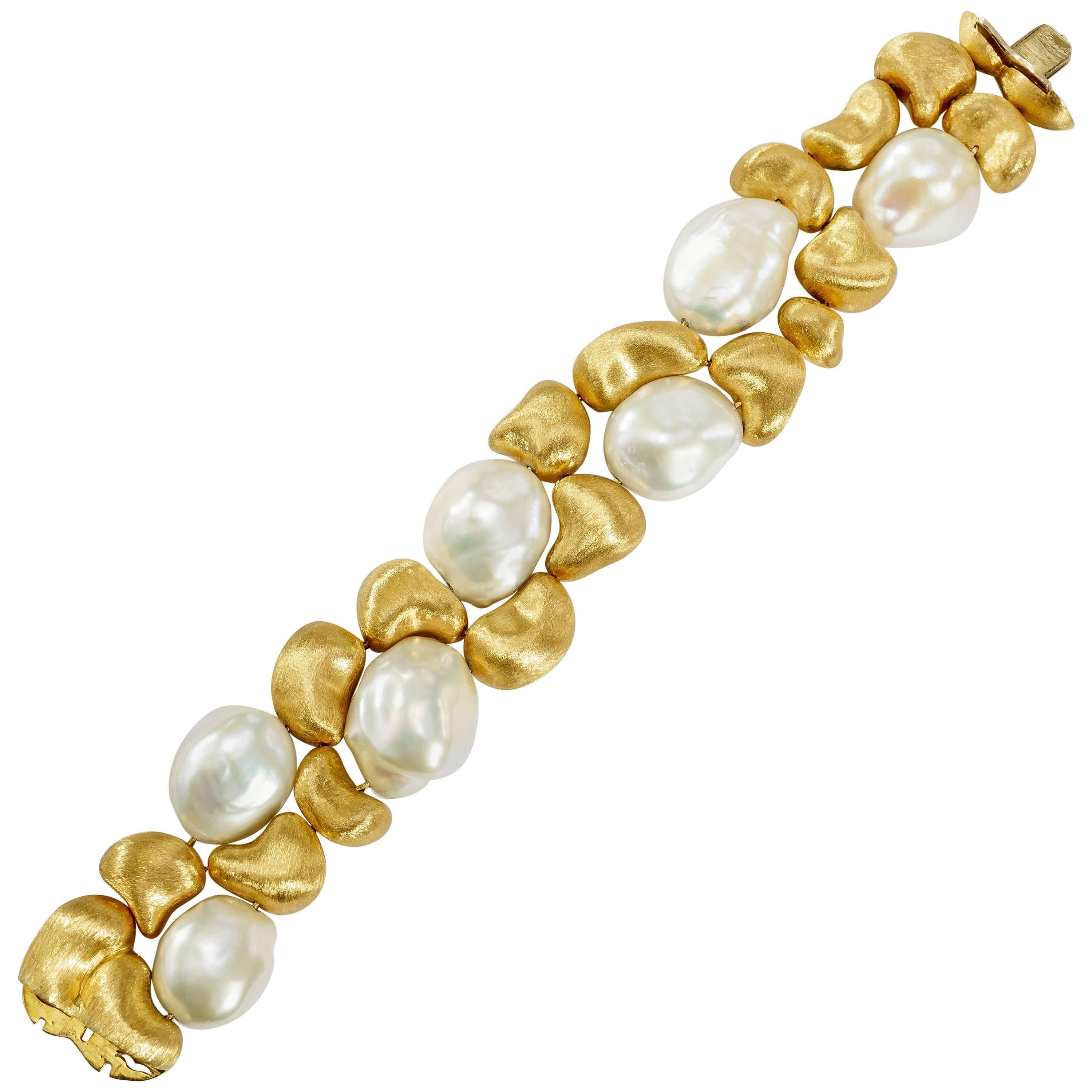 Yvel Freshwater Baroque Pearl and 18 Karat Yellow Gold Double Row Bracelet For Sale