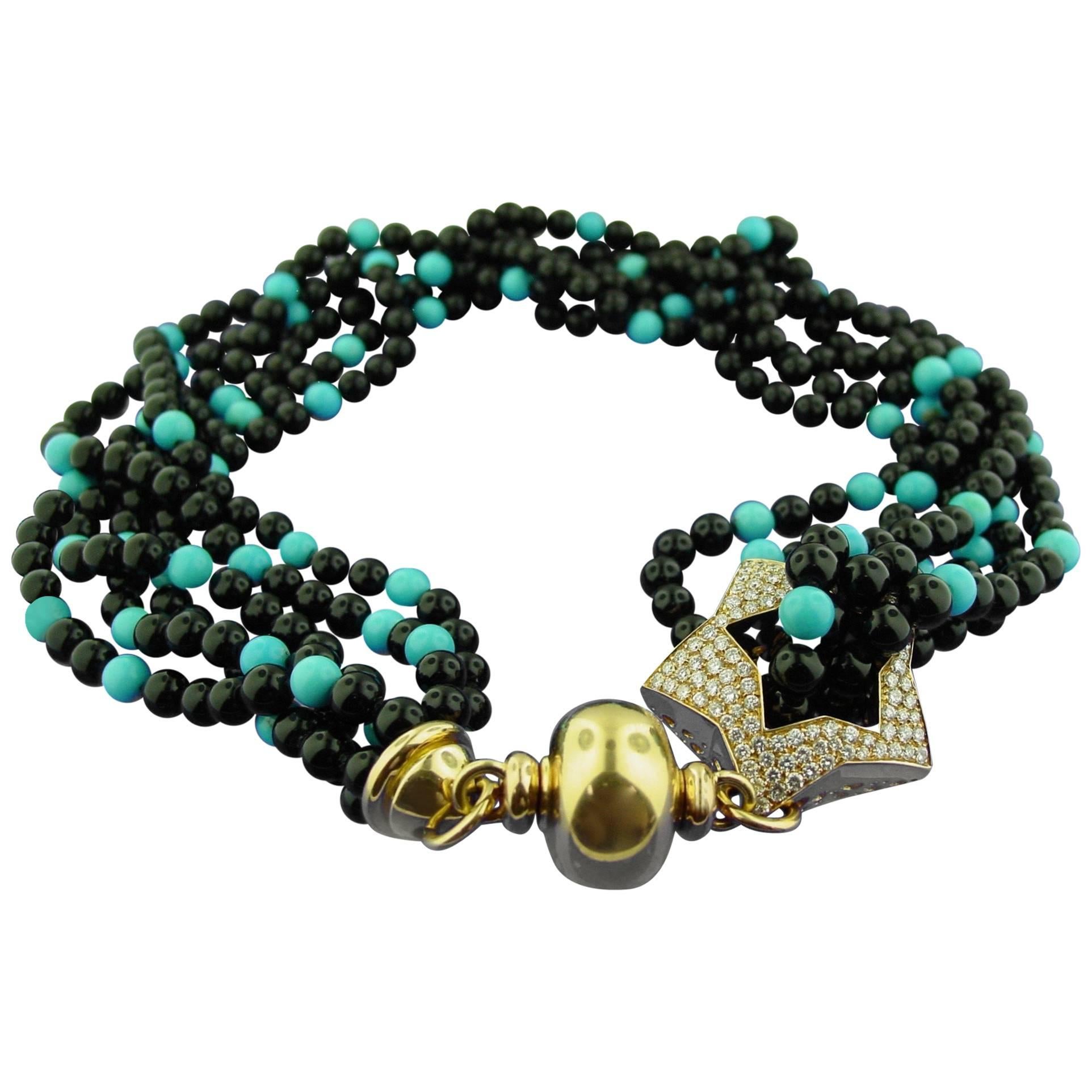 Turquoise and Onyx Bead Torsade Necklace For Sale