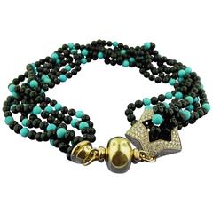 Turquoise and Onyx Bead Torsade Necklace