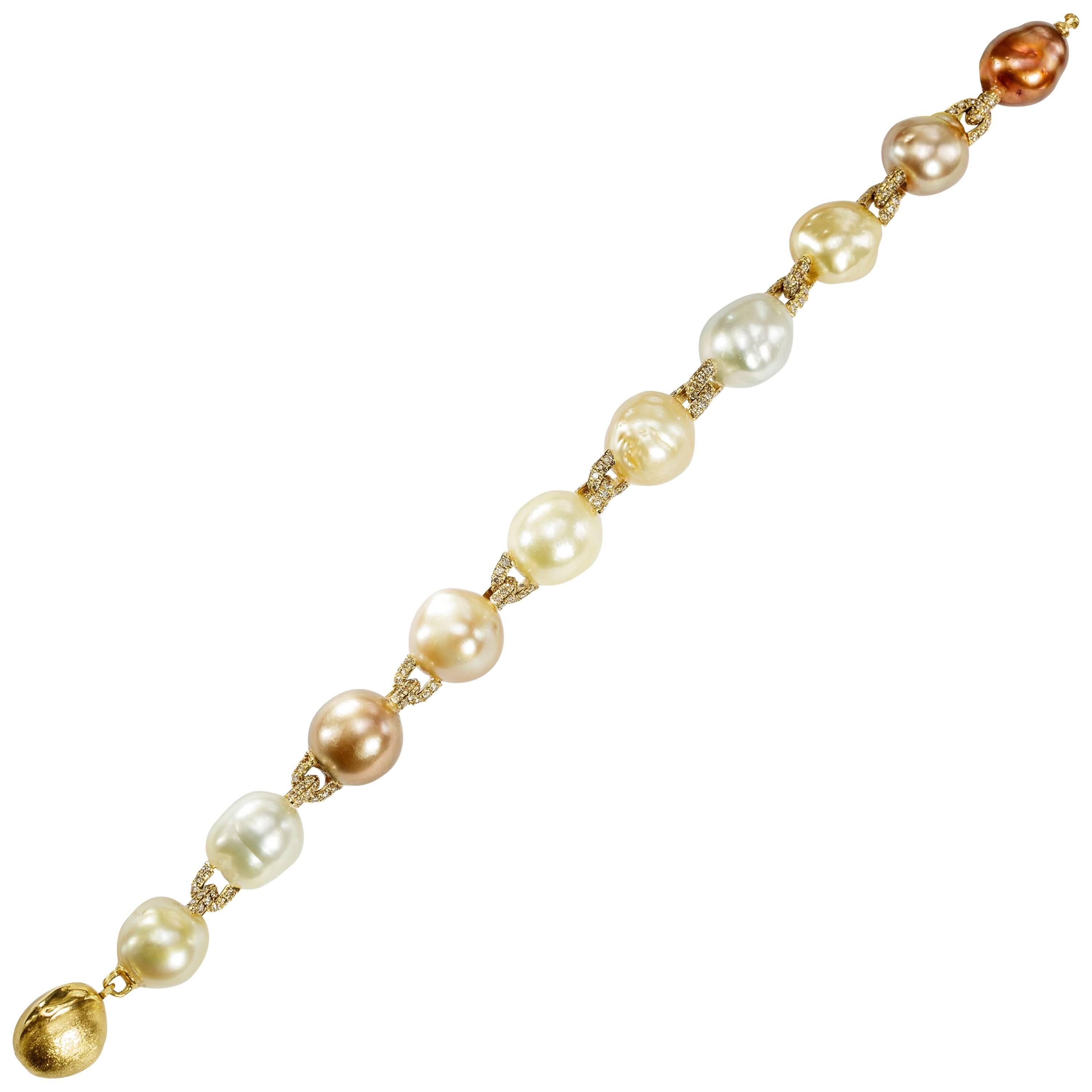 Yvel Baroque Pearl and Diamond Bracelet 18 Karat Yellow Gold 3.24 Carat For Sale