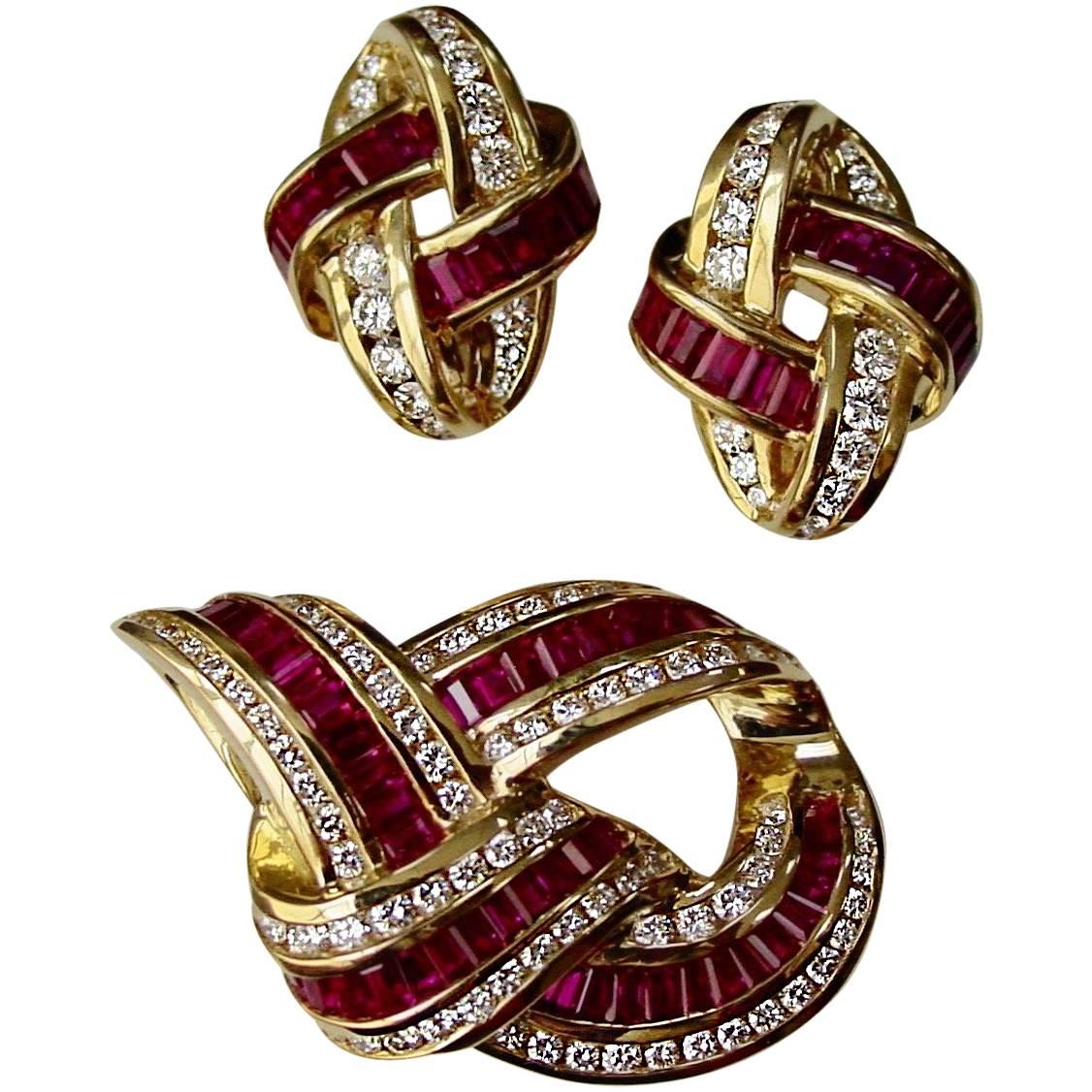 Charles Krypell Ruby and Diamond Brooch and Earring Set For Sale