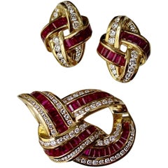 Charles Krypell Ruby and Diamond Brooch and Earring Set