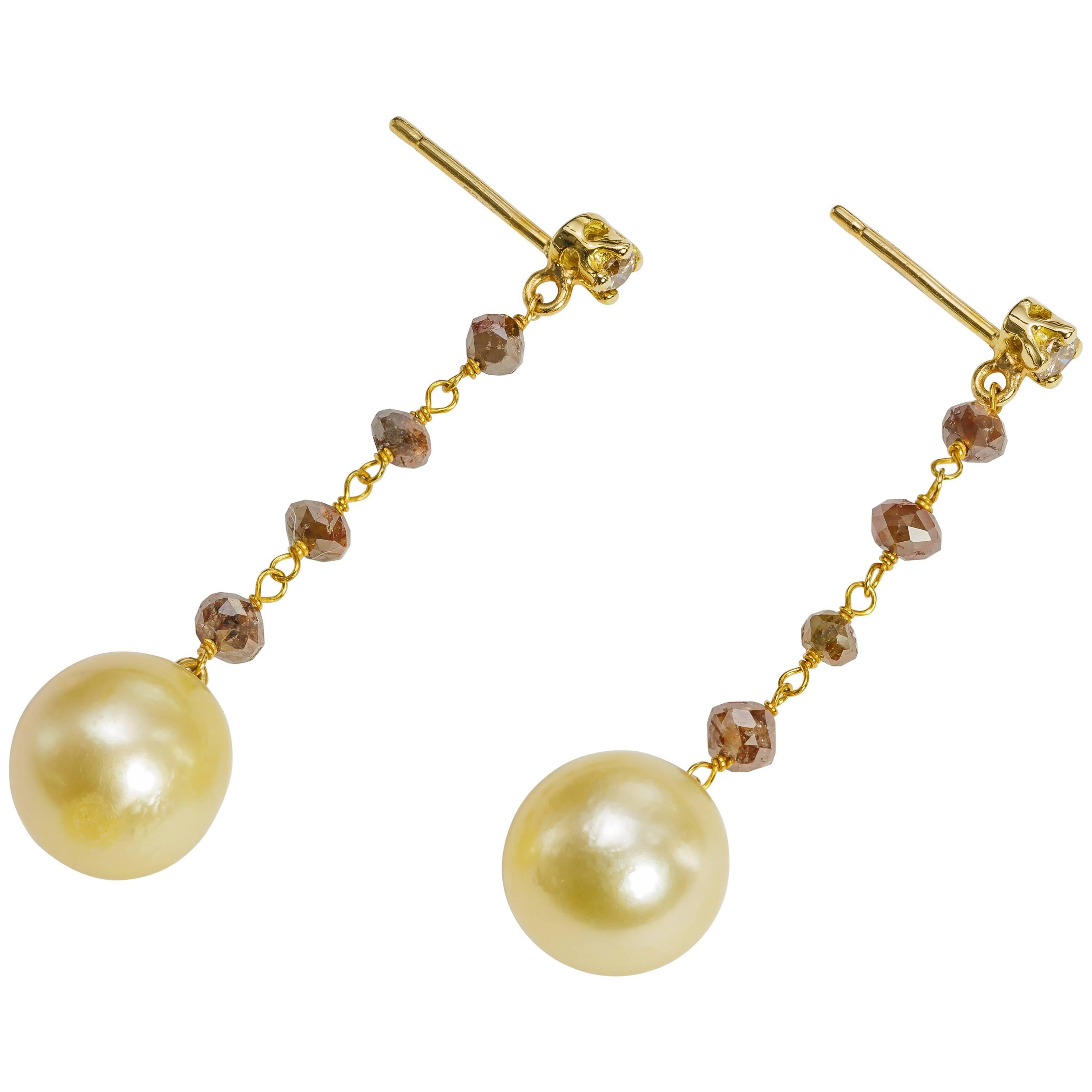 Yvel 18 Karat Rose Gold Pearl Dangle Drop Earrings Cognac Diamonds E-1RGH-BRDGOY For Sale